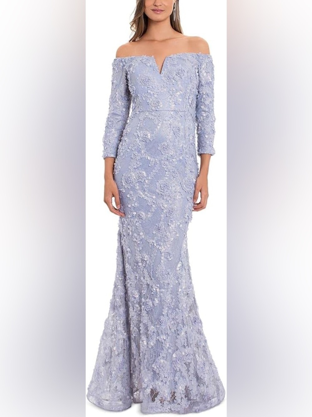 Xscape Off The Shoulder Long Sleeve Lace Trumpet Gown | Size 14 | Blue